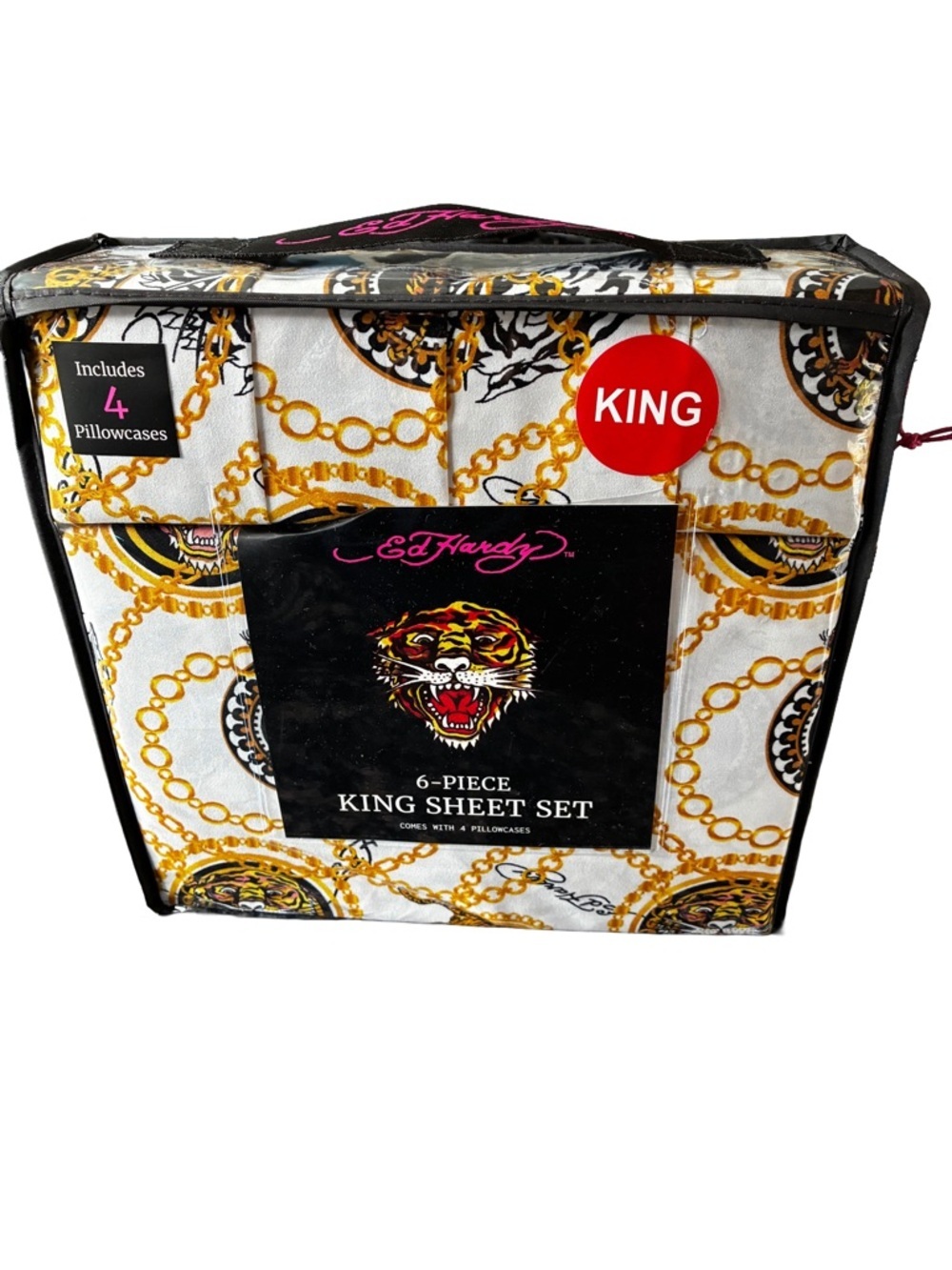 NWT Ed Hardy 6-Piece King Sheet Set Tiger Tattoo Gold Chain